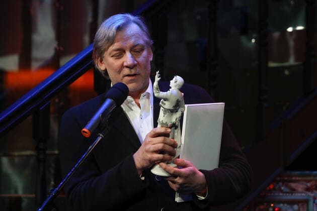 ST PETERSBURG, RUSSIA - MARCH 8, 2021: Actor Viktor Rakov, the winner of the prize The Best of the Best, at the 11th Andrei Mironov Figaro Russian National Acting Award ceremony at Andrei Mironov Russian Enterprise Theater. Alexander Demianchuk TASS  TS0F8E2B