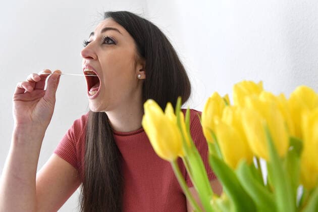 Topic Image Corona Antigen Test,Rapid Test, Corona Rapid Test Self-Test Every federal citizen should be entitled to one free rapid test per week A young woman performs a self-test and takes a throat swab at home, MODEL RELEASED