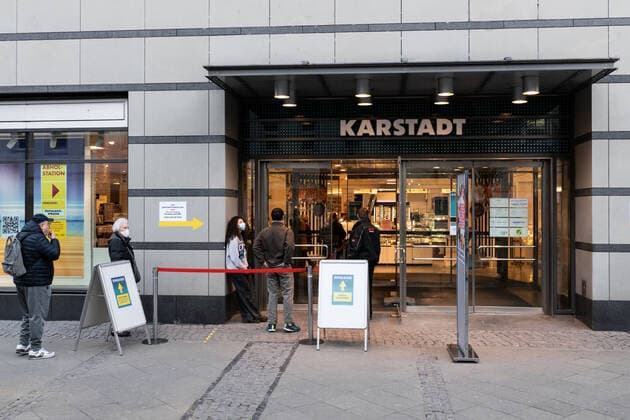 (210309) -- BERLIN, March 9, 2021 -- People queue to enter a shopping mall in Berlin, Germany, on March 9, 2021. Stores in Berlin were allowed to reopen with hygienic requirements and restrictions on Tuesday. (Photo by Xinhua) GERMANY-BERLIN-COVID-19-STORES-REOPENING StefanxZeitz 
