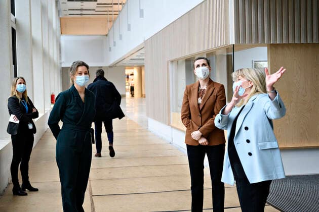 Prime Minister Mette Frederiksen S, Regional Council President Sophie Haestorp Andersen S and Hospital Director at Herlev and Gentofte Hospital Anne Jastrup Okkels, as the Prime Minister visits Herlev Hospital on Thursday 11 March 2021, Herlev Denmark  Copyright: PhilipxDavali PhilipxDavalix cop106 spdk20210311-133418-L