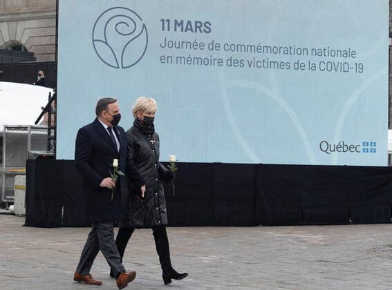 March 11, 2021, QUEBEC, PQ, Canada: Premier Francois Legault, left, and his wife Isabelle Brais walk to a ceremony for the victims of COVID-19, Thursday, March 11, 2021 at the legislature in Quebec City. QUEBEC Canada  - ZUMAc35_ 20210311_zaf_c35_045 Copyright: xJacquesxBoissinotx