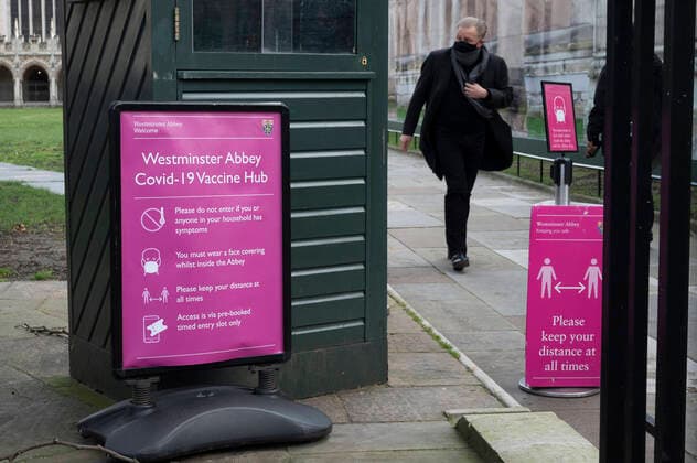 (210312) -- LONDON, March 12, 2021 -- Photo taken on March 11, 2021 shows a man walking out of the COVID-19 Vaccination Centre in Westminster Abbey in London, Britain. Vaccination centres have opened at Westminster Abbey and Science Museum, according to NHS (National Health Service). (Photo by Xinhua) BRITAIN-LONDON-COVID-19-VACCINATION CENTRES RayxTang 