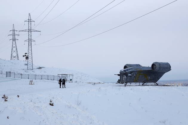 YAKUTSK, SAKHA REPUBLIC (YAKUTIA), RUSSIA - MARCH 12, 2021: A view of a mockup of the Razor Crest spaceship from The Mandalorian drama series set within the Star Wars universe. Fans have built the replica in several months. The length of the mockup is 14 m, its width is 10 m and its height is 4 m; it weighs over a tonne. Vadim Skryabin TASS  TS0F931A