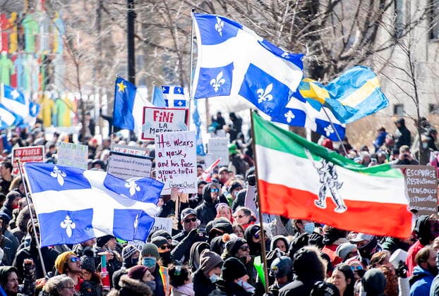 March 13, 2021, Montreal, PQ, Canada: People take part in a demonstration to oppose government restrictions to curb the spread of Covid-19 in Montreal, Saturday, March 13, 2021, as the COVID-19 pandemic continues in Canada and around the world. Montreal Canada  - ZUMAc35_ 20210313_zaf_c35_007 Copyright: xGrahamxHughesx