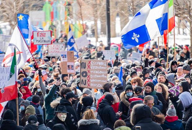 March 13, 2021, Montreal, PQ, Canada: People take part in a demonstration to oppose government restrictions to curb the spread of Covid-19 in Montreal, Saturday, March 13, 2021, as the COVID-19 pandemic continues in Canada and around the world. Montreal Canada  - ZUMAc35_ 20210313_zaf_c35_011 Copyright: xGrahamxHughesx