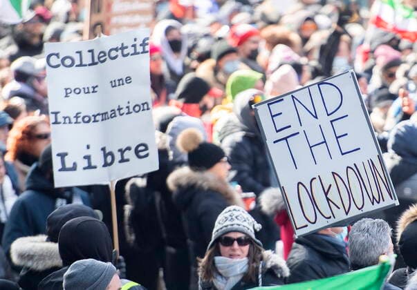 March 13, 2021, Montreal, PQ, Canada: People take part in a demonstration to oppose government restrictions to curb the spread of Covid-19 in Montreal, Saturday, March 13, 2021, as the COVID-19 pandemic continues in Canada and around the world. Montreal Canada  - ZUMAc35_ 20210313_zaf_c35_016 Copyright: xGrahamxHughesx