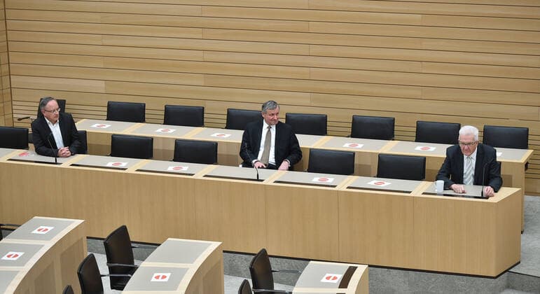 State parliament elections 2021 Baden Württemberg election event in the state parliament of Baden Württemberg in the state capital Stuttgart LPK in the plenary hall Stuttgart state parliament of Baden Württemberg Baden Württemberg Germany Copyright: xLeifxPiechowskix