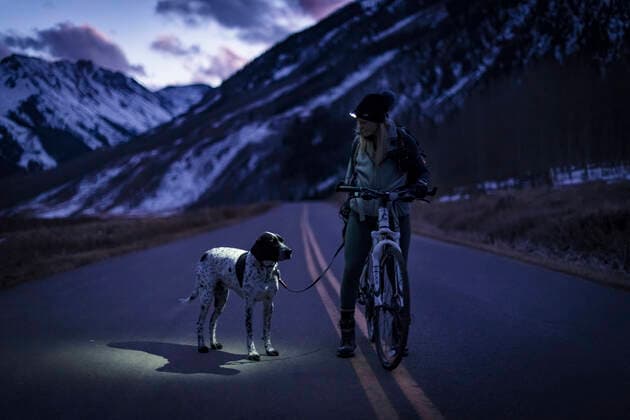 Woman cycling with dog during vacation Aspen, CO, United States CR_BRHU210312A-678654-01 ,model released, Symbolfoto