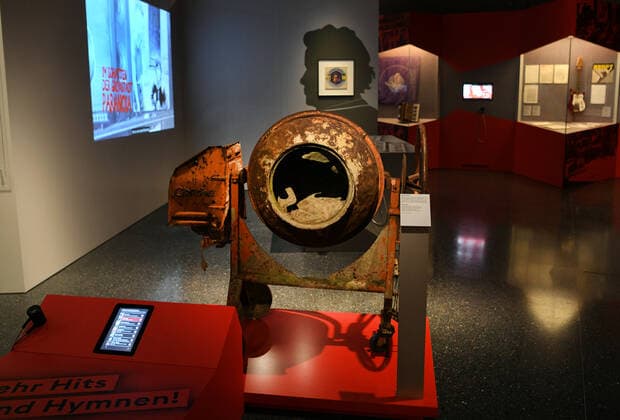 Germany, Bonn 15 03 2021 Exhibition Hits Hymns Sound of Contemporary History in the House of History Photo The band Faust also uses everyday objects such as a cement mixer as instruments Exhibition Hits Hymns Sound of Contemporary History in the House of History