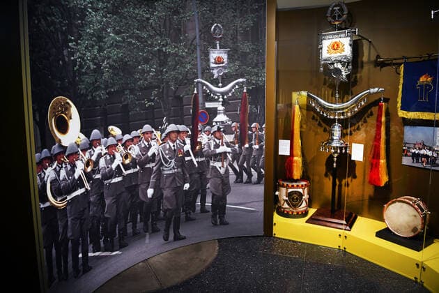 Germany, Bonn 15 03 2021 Exhibition Hits Hymns Sound of Contemporary History in the House of History Photo With bell tree and drum in the service of the NVA Military music is also a state symbol in the GDR Exhibition Hits Hymns Sound of Contemporary History in the House of History