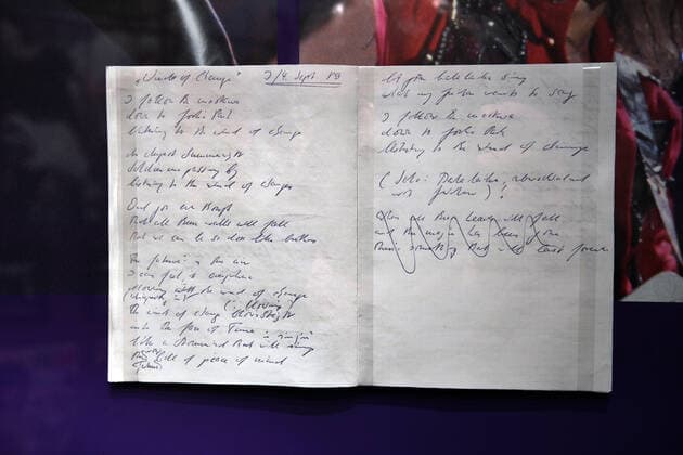 Germany, Bonn 15 03 2021 Exhibition Hits Hymns Sound of Contemporary History in the House of History Photo Soundtrack to the Fall of the Wall Original lyrics by Wind of Change, by Klaus Meine of the Scorpions Exhibition Hits Hymns Sound of Contemporary History in the House of History