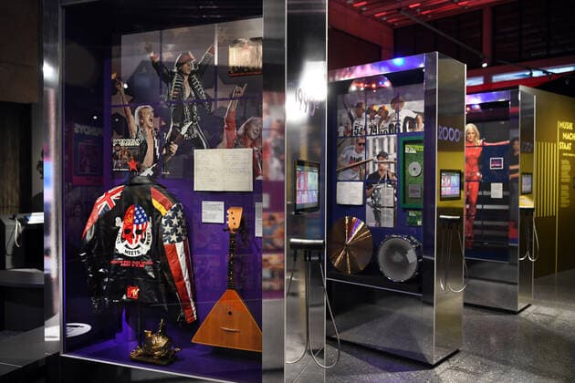 Germany, Bonn 15 03 2021 Exhibition Hits Hymns Sound of Contemporary History in the House of History Photo leather jacket of Klaus Meine, lead singer of the Scorpions Exhibition Hits Hymns Sound of Contemporary History in the House of History