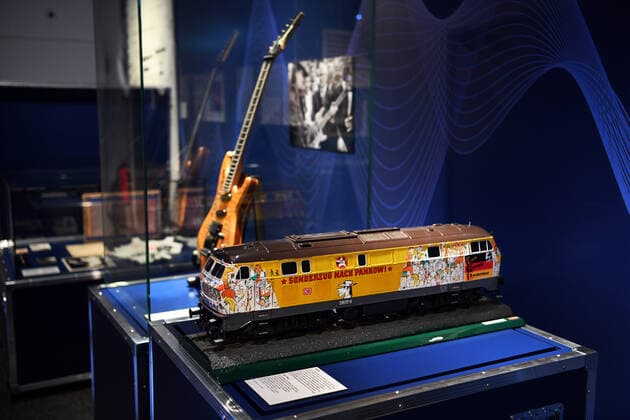 Germany, Bonn 15 03 2021 Exhibition Hits Hymns Sound of Contemporary History in the House of History Photo A model of the special train to Pankow by Udo Lindenberg Exhibition Hits Hymns Sound of Contemporary History in the House of History