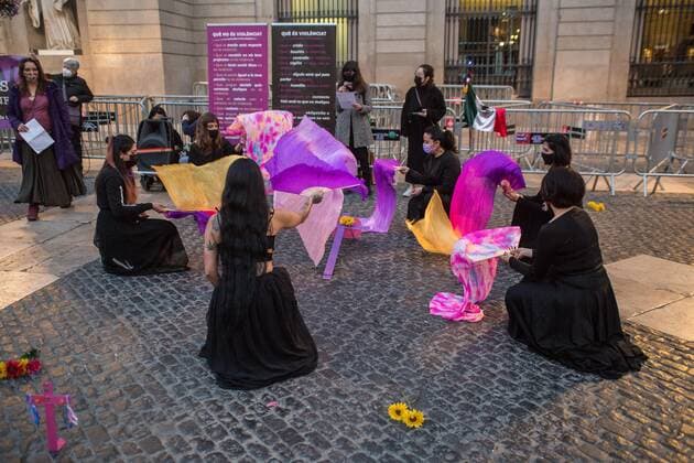 March 15, 2021, Barcelona, Spain: Women are seen performing during the demonstration,.The collective of Mexican women in Barcelona, Mexican Fury (Furia Mexicana) have convened in front of the town hall as they protest against feminicide and sexist violence in Mexico and paid tribute to various victims of feminicide in Mexico in the last year. Barcelona Spain - ZUMAs197 20210315_zaa_s197_130 Copyright: xThiagoxPrudenciox