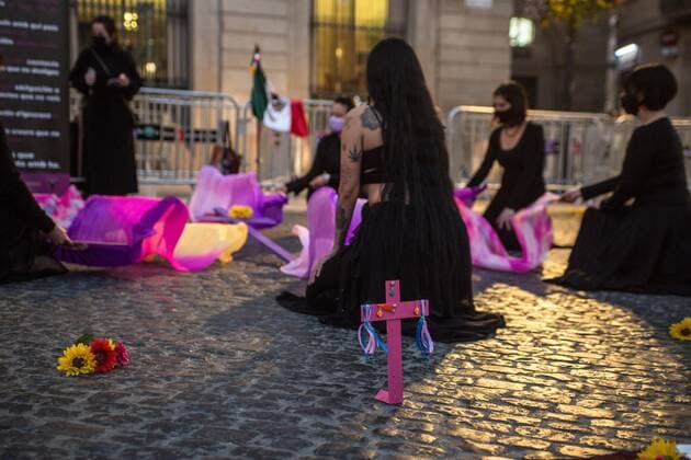 March 15, 2021, Barcelona, Spain: Women are seen performing during the demonstration,.The collective of Mexican women in Barcelona, Mexican Fury (Furia Mexicana) have convened in front of the town hall as they protest against feminicide and sexist violence in Mexico and paid tribute to various victims of feminicide in Mexico in the last year. Barcelona Spain - ZUMAs197 20210315_zaa_s197_132 Copyright: xThiagoxPrudenciox