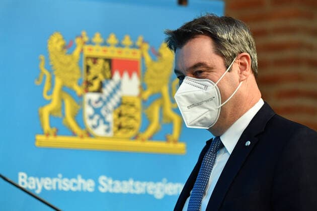 Markus SOEDER Ministerpraesident Bavaria and CSU chairman with FFP2 mouth guard, mask single picture, cut single motive, Portraet, Portrait, Portrait press conference of the Bavarian state government after cabinet meeting on 16 03 2021 in the prince Carl palace in Munich