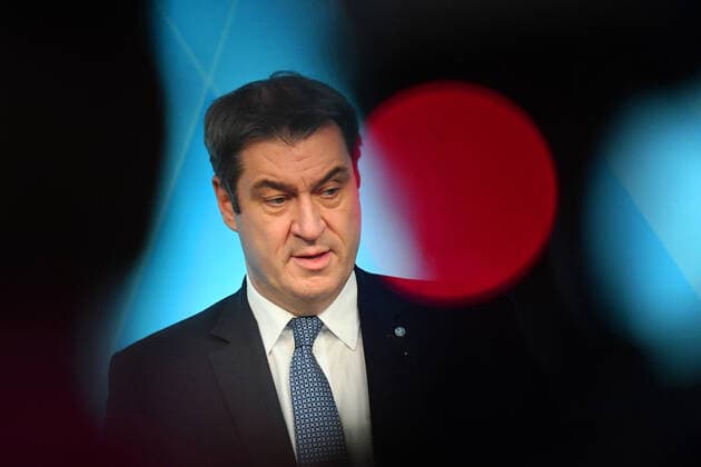 Markus SOEDER Ministerpraesident Bavaria and CSU chairman ,behind red light single picture,cropped single motive,portrait,portrait press conference of the Bavarian state government after cabinet meeting on 16 03 2021 in the Prinz Carl Palais in Munich