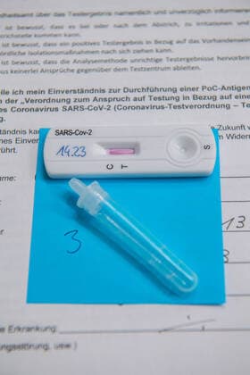 Aue, Germany 16 March 2021 A Corona rapid test used to combat the Corona pandemic is on a consent form that must be completed by each participant prior to swabbing Saxony Copyright: xFotostandx xDostmannx