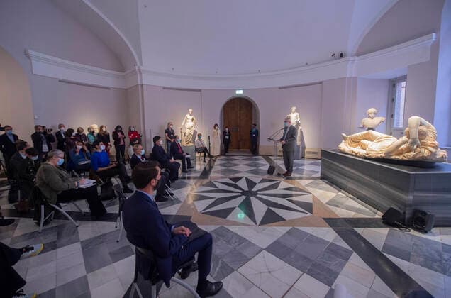 The director of the Museo del Prado, Miguel Falomir, speaks during the presentation of an exhibition dedicated to reviewing the history of the building, in Madrid (Spain), on March 16, 2021. This project, sponsored by Samsung, consists of the design and assembly of a permanent exhibition installation dedicated to the history of the Museo Nacional del Prado, which will be located in rooms 100, 101 and 102 of the Villanueva building (former location of the Treasure of the Dauphin) to transmit to the public the basic concepts about the construction of the building, its evolution and expansion, as well as the characteristics of the exhibition facilities, as well as the characteristics of the exhibition facilities and equipment that have existed Copyright: xAlbertoxOrtegax 3608668