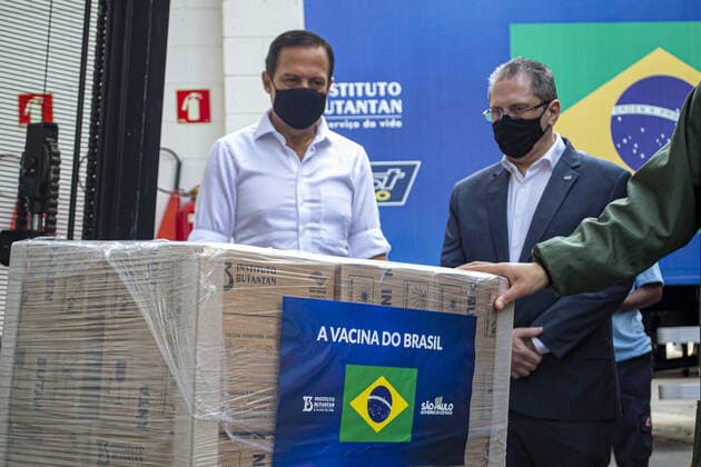 The delivery of CORONAVAC Vaccine to Brazilian Ministry of Health. The delivery of CORONAVAC Vaccine to Brazilian Ministry of Health. March 17, 2021, Sao Paulo, Brazil: The Governor of Sao Paulo, Joao Doria, participates in the delivery of over 2 million doses of Butantan Institute vaccine against coronavirus to the PNI (National Immunization Program) of Brazilian Ministry of Health. With the new shipment, the total number of vaccines offered by Butantan to the PNI reaches 22.6 million doses since the beginning of deliveries, on January 17. This week alone, Butantan released more than 5 million doses to the Ministry of Health, at the Butantan Institute (in front of CPV - Vaccine Production Center). The delivery of CORONAVAC Vaccine to Br  Copyright: xLecoxVianax