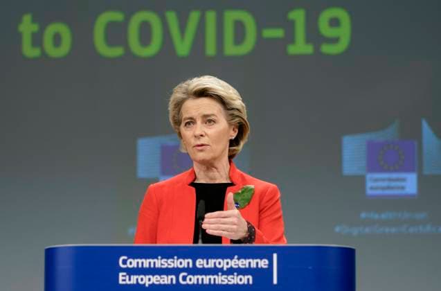 European Commission President Ursula von der Leyen addresses the media about the covid-19 passport at the Berlaymont, the headquarters of the European Commission, on March 17, 2021 in Brussels, Belgium. Today, the European Commission is proposing to create a digital green certificate to facilitate safe and free movement within the EU during the COVID-19 pandemic. The digital green certificate will be proof that a person has been vaccinated against COVID-19, tested negative or recovered from COVID-19. It will be available, free of charge, in digital or paper format. It will include a QR code to ensure the security and authenticity of the certificate.  NicolasxLandemardx xLexPictorium LePictorium_0243223