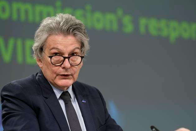 EU Commissioner for Internal Market Thierry Breton speaks to the media about the covid-19 passeport in the Berlaymont, the EU Commission headquarter, on March 17, 2021 in Brussels, Belgium. Today, the European Commission is proposing to create a Digital Green Certificate to facilitate safe free movement inside the EU during the COVID-19 pandemic. The Digital Green Certificate will be a proof that a person has been vaccinated against COVID-19, received a negative test result or recovered from COVID-19. It will be available, free of charge, in digital or paper format. It will include a QR code to ensure security and authenticity of the certificate.  NicolasxLandemardx xLexPictorium LePictorium_0243232