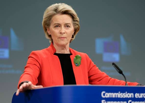 European Commission President Ursula von der Leyen addresses the media about the covid-19 passport at the Berlaymont, the headquarters of the European Commission, on March 17, 2021 in Brussels, Belgium. Today, the European Commission is proposing to create a digital green certificate to facilitate safe and free movement within the EU during the COVID-19 pandemic. The digital green certificate will be proof that a person has been vaccinated against COVID-19, tested negative or recovered from COVID-19. It will be available, free of charge, in digital or paper format. It will include a QR code to ensure the security and authenticity of the certificate.  NicolasxLandemardx xLexPictorium LePictorium_0243237