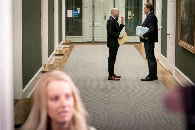 Kristian Thulesen Dahl DF, Pernille Vermund NB and Soeren Pape Poulsen KF arrive at a meeting in the Prime Ministers Office about a further reopening of the country, at Christiansborg on Thursday 18 March 2021, Copenhagen Denmark  Copyright: RitzauxScanpix MadsxClausxRasmussenx cop103 spdk20210318-182951-L