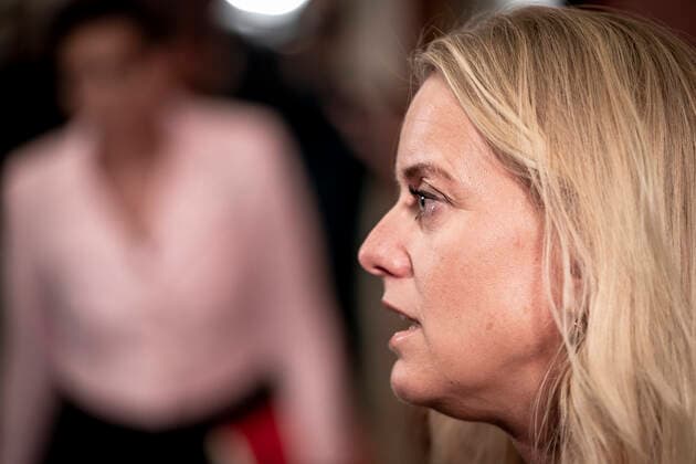Pernille Vermund NB arrives at a meeting of the Prime Ministers Office on a further reopening of the country, at Christiansborg on Thursday 18 March 2021, Copenhagen Denmark  Copyright: RitzauxScanpix MadsxClausxRasmussenx cop103 spdk20210318-183630-L