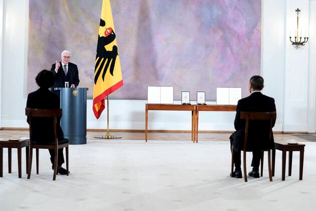 Award of the Federal Cross of Merit to the Biontech founders Current, 19 03 2021, German President Frank Walter Steinmeier during the speech on the award of the Grand Cross of Merit with Star of the Order of Merit of the Federal Republic of Germany to the Biontech founders in Bellevue Palace in B