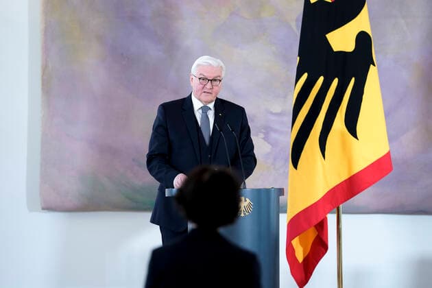 Award of the Federal Cross of Merit to the Biontech Founders Current, 19 03 2021, German President Frank Walter Steinmeier during the speech for the award of the Grand Cross of Merit with Star of the Order of Merit of the Federal Republic of Germany to the Biontech Founders in Bellevue Palace in Berlin Berlin Germany