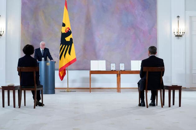 Award of the Federal Cross of Merit to the Biontech founders Current, 19 03 2021, German President Frank Walter Steinmeier during the speech on the award of the Grand Cross of Merit with Star of the Order of Merit of the Federal Republic of Germany to the Biontech founders in Bellevue Palace in B