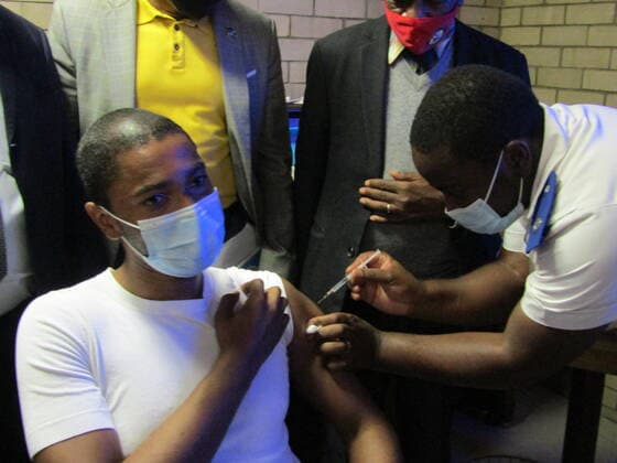 (210319) -- WINDHOEK, March 19, 2021 -- A frontline worker receives a jab of COVID-19 vaccine at Windhoek Central Hospital in Windhoek, capital of Namibia, March 19, 2021. (Photo by Xinhua) NAMIBIA-WINDHOEK-COVID-19-VACCINATION MusaxCxKaseke 