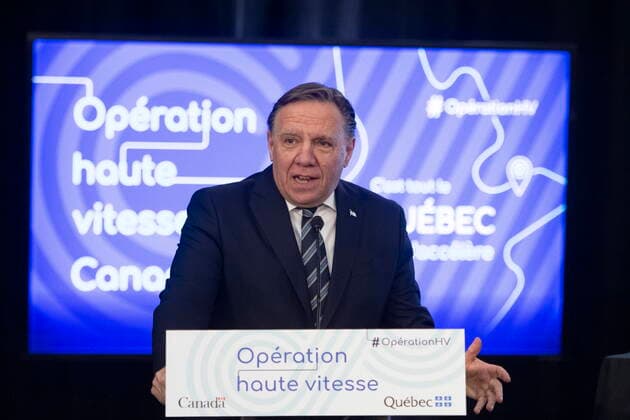 March 22, 2021, TROIS-RIVIERES, PQ, Canada: Quebec Premier Francois Legault announces hight speed internet for Quebec regions, Monday, March 22, 2021 in Trois-Rivieres Que. The federal government and the Quebec government will collaborate. TROIS-RIVIERES Canada  - ZUMAc35_ 20210322_zaf_c35_045 Copyright: xJacquesxBoissinotx