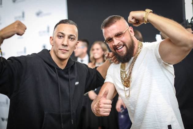 Rappers Kollegah and Farid Bang on the red carpet at the ECHO 2018 awards in Berlin Copyright: xEventpressxFuhrx