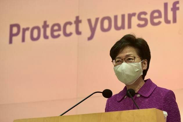 HONG KONG, CHINA - MARCH 23: Hong Kong Chief Executive Carrie Lam Cheng Yuet-ngor wearing a face mask speaks during a news conference on COVID-19 Vaccination Programme on March 23, 2021 in Hong Kong, China.  Copyright: xVCGx CFP111322530176