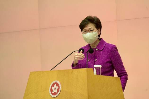 HONG KONG, CHINA - MARCH 23: Hong Kong Chief Executive Carrie Lam Cheng Yuet-ngor wearing a face mask speaks during a news conference on March 23, 2021 in Hong Kong, China.  Copyright: xVCGx CFP111322530160