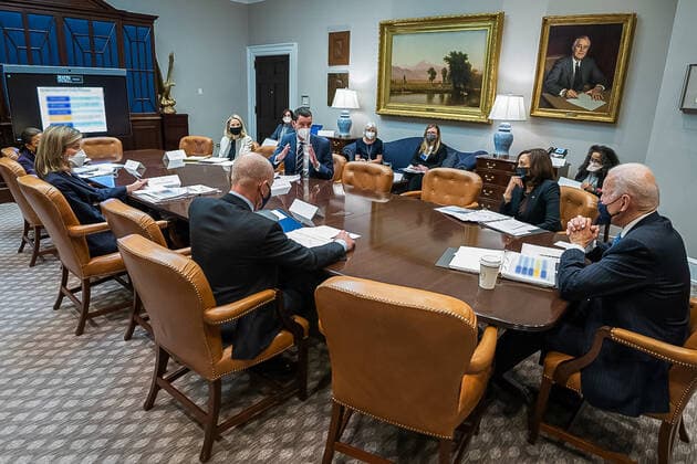 March 2, 2021 - Washington, D.C., USA - President Joe Biden and Vice President Kamala Harris meet with staff to discuss immigration Tuesday, March 2, 2021, in the Roosevelt Room of the . Washington USA - ZUMAz03_ 20210302_sha_z03_251 Copyright: xWhitexHousex