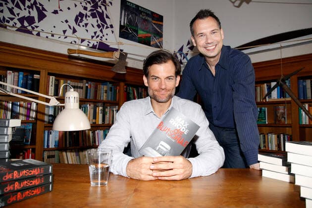 Torben Liebrecht and Sebastian Fitzek at the set appointment of the RTL movie The Joshua Profile at the Karl Marx Bookstore in Berlin Copyright: xEventpressxGolejewskix