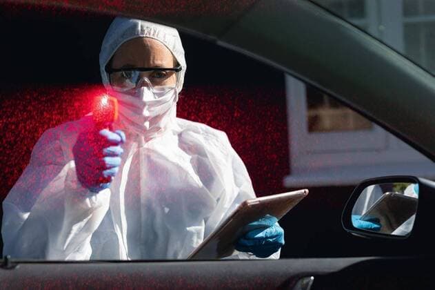 IMAGO Creative: NGO, Rehabilitation und Gesundheitswesen Caucasian woman wearing a lab overalls and coronvirus covid19 mask outsdide Caucasian woman wearing lab overalls, a face mask face and safety glasses standing outside by a car, using tablet and holding thermometer, model released, , property released, Cape Town, South Africa, 09.04.2020, 1343741.jpg, people,real people,social distancing,quarantine,distance,coronavirus,covid19,corona,virus,covid 19,covid-19,pandemic,epidemic,health scare,fear,protection,global,outbreak,contagious,contagion,face mask,warning,health hazard,infection,mask,safety,scare,thermometer,car,gloves,technology,using,connection,communication,tablet,computer,hygiene,surgical gloves,protective clothing,lab overalls,medical,healthcare,worker,health,doctor,hospital,covid,he
