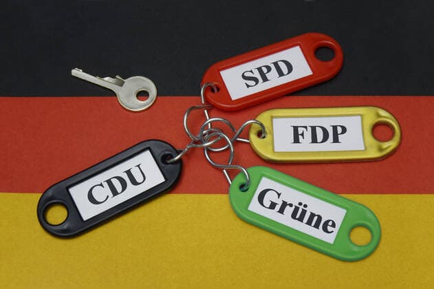 Germany flag with key fob Germany flag with key fob, 21 03 2021, Borkwalde, Brandenburg, On a Germany flag lie key fobs with party names