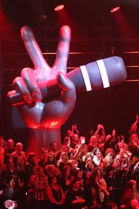 Voice of Germany 12.12.2014 Symbol, Emblem, Logo, Publikum im Studio Adlershof, Am Studio 20, Berlin, beim Finale der Casting-Show - The Voice of Germany - 12.12.2014 - *** Voice of Germany 12 12 2014 symbol, emblem, logo, audience at Studio Adlershof, Am Studio 20, Berlin, at the finale of the casting show The Voice of Germany 12 12 2014.