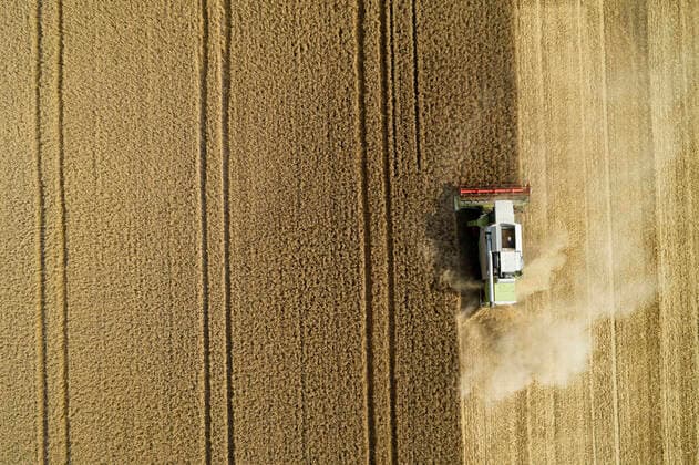 IMAGO Creative: Ende des Sommers Drone view of combine harvester collecting grain in summer RUEF03249