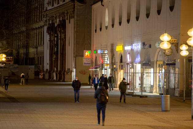Coronavirus in Munich scenes in the evening, The Munich city center and pedestrian zone is almost empty at the night of March 24 2021 Munich Bavaria Germany