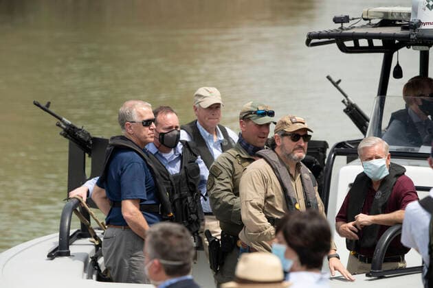 March 26, 2021, Granejo, Texas, USA: Senators TED CRUZ, R-Texas and LINDSEY GRAHAM, R-South Carolina (far right) lead a delegation of eighteen U.S. Senators tour the Rio Grande River south of Mission in four Texas Dept. of Public Safety gunboats at the end of a whirlwind tour of south Texas. The senators saw an overcrowded migrant processing center in Donna and a corpse floating in the river north of Anzalduas Park. Granejo USA - ZUMAd150 20210326_znp_d150_002 Copyright: xBobxDaemmrichx