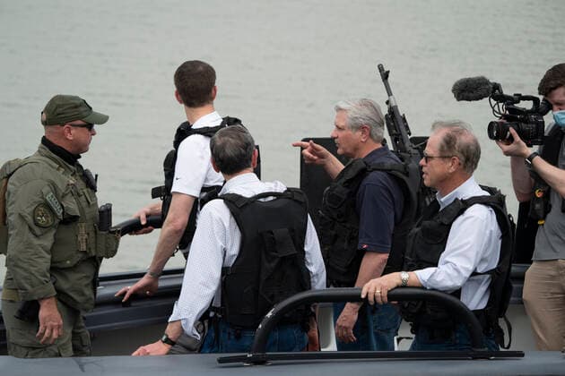 March 26, 2021, Granejo, Texas, USA: Sen. JOHN HOEVEN, R- North Dakota, points as a delegation of eighteen U.S. Senators tour the Rio Grande River south of Mission in four Texas Dept. of Public Safety gunboats at the end of a whirlwind tour of south Texas. The senators saw an overcrowded migrant processing center in Donna and a corpse floating in the river north of Anzalduas Park. Granejo USA - ZUMAd150 20210326_znp_d150_003 Copyright: xBobxDaemmrichx