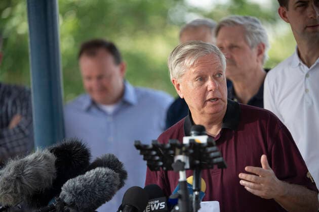 March 26, 2021, Granejo, Texas, USA: Senator LINDESY GRAHAM, R-South Carolina, speaks after a delegation of eighteen U.S. Senators tour the Rio Grande River south of Mission in four Texas Dept. of Public Safety gunboats at the end of a whirlwind tour of south Texas. The senators saw an overcrowded migrant processing center in Donna and a corpse floating in the river north of Anzalduas Park. Granejo USA - ZUMAd150 20210326_znp_d150_005 Copyright: xBobxDaemmrichx