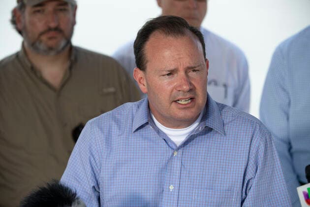 March 26, 2021, Granejo, Texas, USA: Sen. MIKE LEE, R-Utah, speaks after a delegation of eighteen U.S. Senators tour the Rio Grande River south of Mission in four Texas Dept. of Public Safety gunboats at the end of a whirlwind tour of south Texas. The senators saw an overcrowded migrant processing center in Donna and a corpse floating in the river north of Anzalduas Park. Granejo USA - ZUMAd150 20210326_znp_d150_008 Copyright: xBobxDaemmrichx