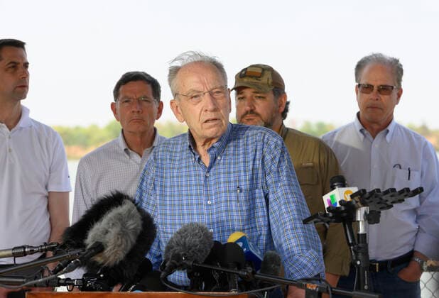 March 26, 2021, Granejo, Texas, USA: Sen. CHUCK GRASSLEY, R-Iowa speaks after a delegation of eighteen U.S. Senators tour the Rio Grande River south of Mission in four Texas Dept. of Public Safety gunboats at the end of a whirlwind tour of south Texas. The senators saw an overcrowded migrant processing center in Donna and a corpse floating in the river north of Anzalduas Park. Granejo USA - ZUMAd150 20210326_znp_d150_038 Copyright: xBobxDaemmrichx