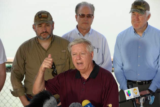 March 26, 2021, Granejo, Texas, USA: Sen. LINDSEY GRAHAM, R-SC, speaks after a delegation of eighteen U.S. Senators tour the Rio Grande River south of Mission in four Texas Dept. of Public Safety gunboats at the end of a whirlwind tour of south Texas. The senators saw an overcrowded migrant processing center in Donna and a corpse floating in the river north of Anzalduas Park. Granejo USA - ZUMAd150 20210326_znp_d150_039 Copyright: xBobxDaemmrichx